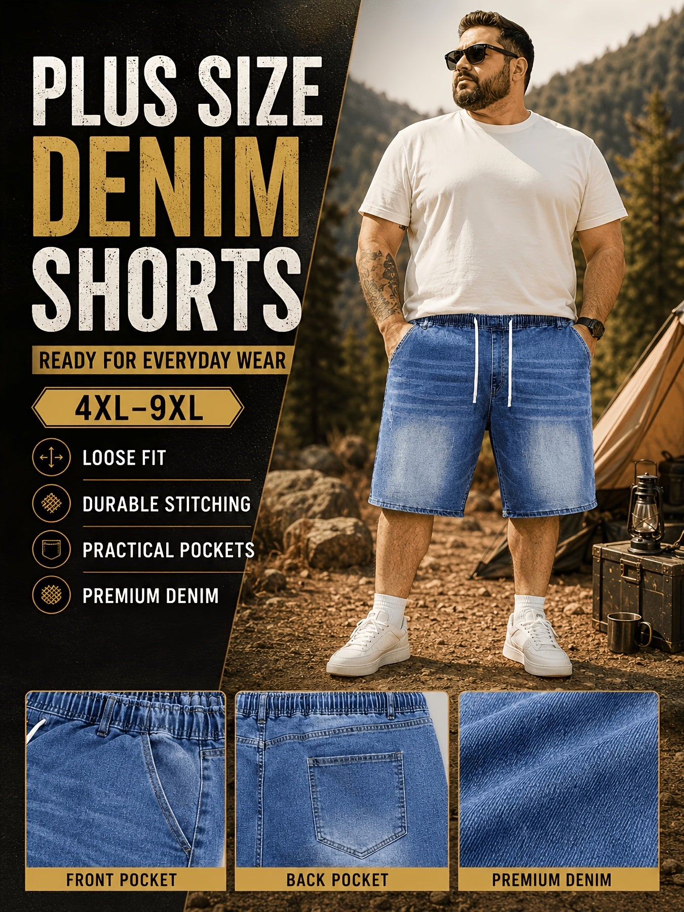 Mens Big And Tall Clothing Denim Shorts, Loose Fit Elastic Waist Casual Jean Shorts for Summer, PLUS SIZE
