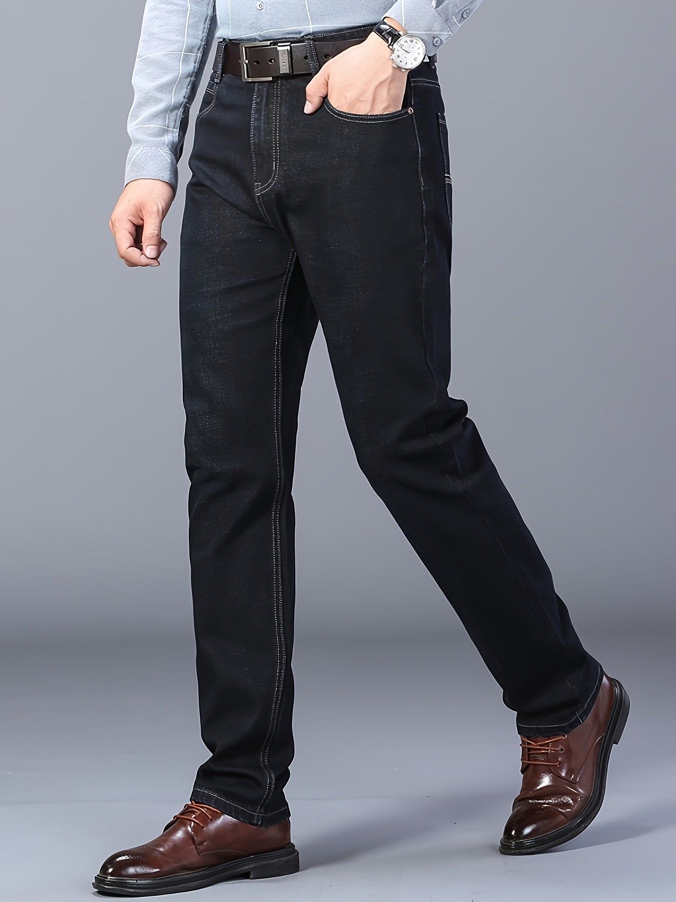 Men's Classic Straight-Leg Stretch Denim Jeans - Water-Washed Black Casual & Business Casual Pants, All-Season Machine Washable Regular Fit