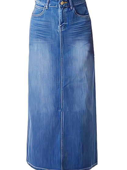 Long Denim Skirt for Women Casual A-Line Denim Maxi Skirt Stretch High Waisted Jean Skirt with Pocket