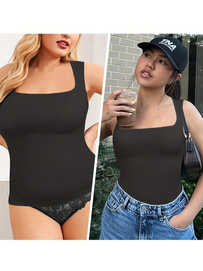 [2pcs Tummy Control Shapewear] 2pcs Durable & Comfortable Tummy Control Shapewear Compression Tank Tops For Women | Seamless Square Neck Body Shaper Camisole, Breathable, Suitable For Daily Casual Wear, Shopping, Parties, Dates & Festivals