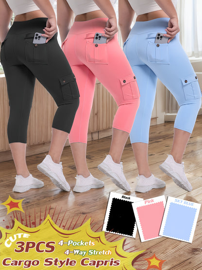 3-packs High Waist Yoga Capri Pants 3pcs Capri Pants Set, 4 Way Stretch Butt Lifting Tummy Control, 4 Button Pockets Workout Running Sports Pants