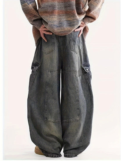 Men'S Retro Oversized Multi-Pocket Workwear Jeans, Hip-Hop Denim Trousers, Unisex Casual Loose Pants, Suitable for Any Season