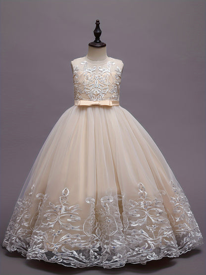 Flower Girl Lace Dress for Kids Wedding Bridesmaid Pageant Party Formal Long Gown Princess Communion Tulle Bow Dresses