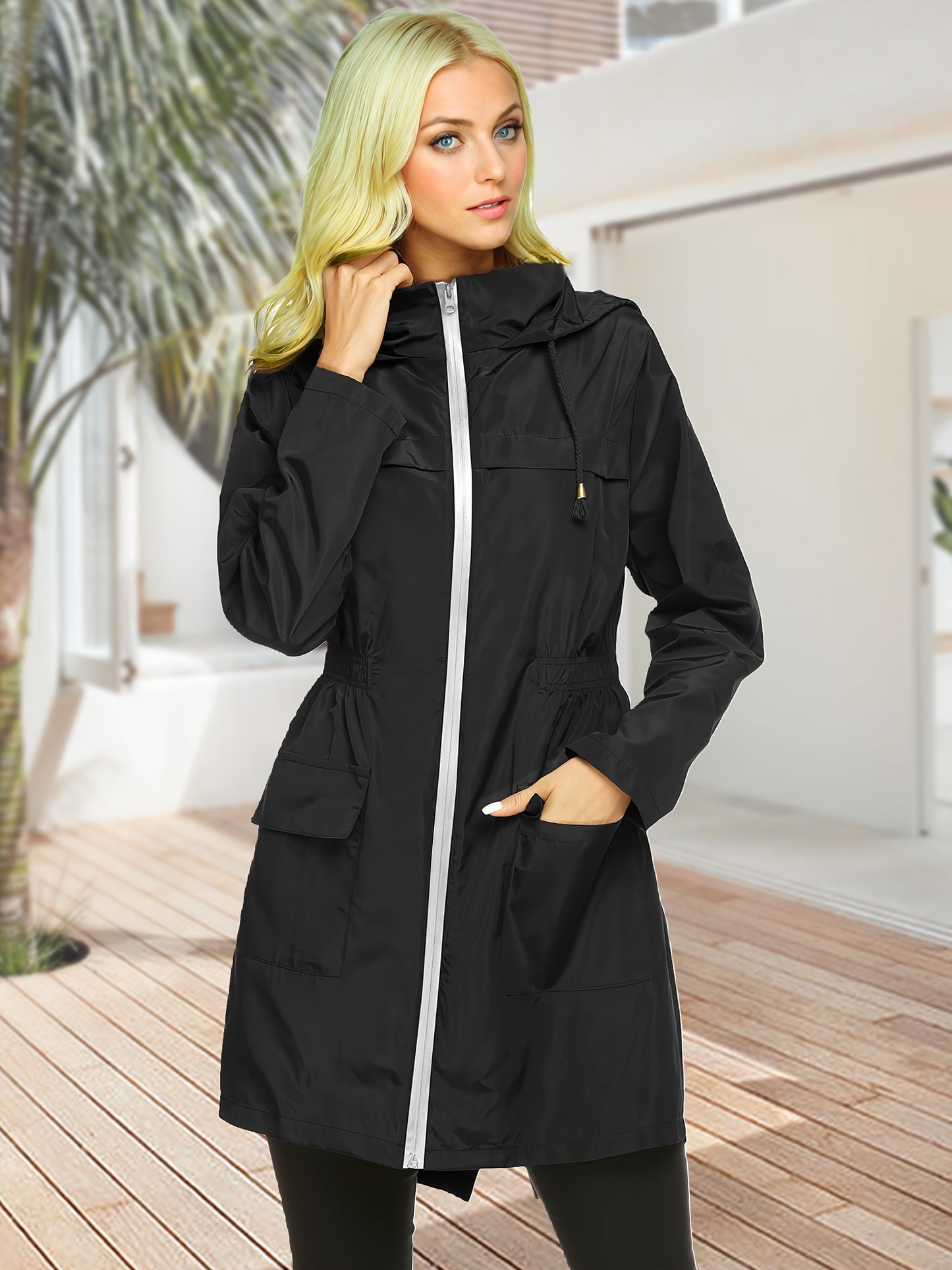 Women'S Lightweight Hooded Rain Jacket - Casual Outdoor Jacket with Drawstring Hood, Zippered Pockets & Solid Color Design for Spring/Fall, Raincoat for Women