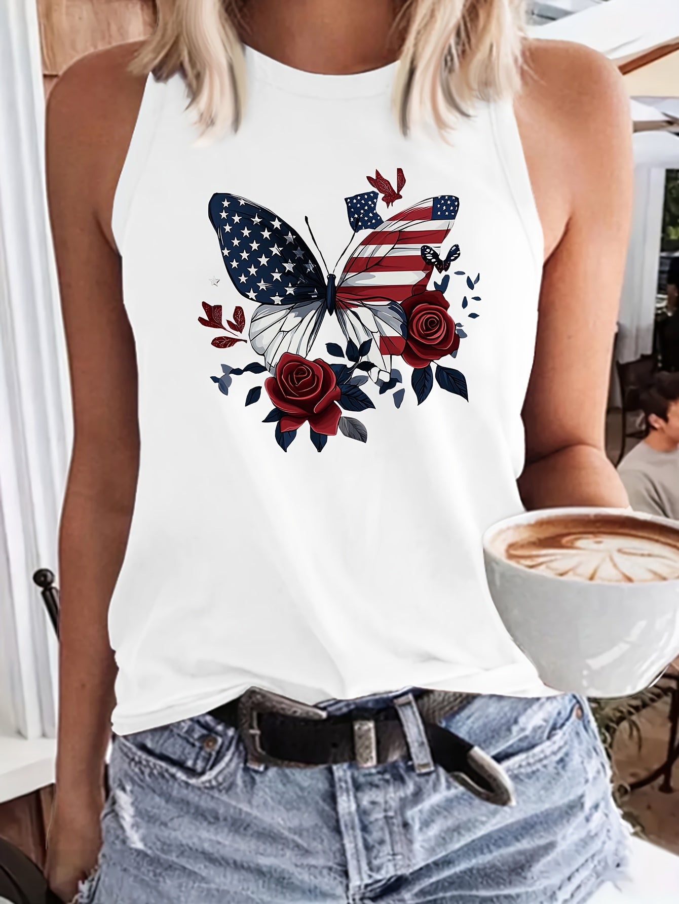 1pc, 180g Fashionable Crew Neck Tank Top - Drawing Printed Top for Women - Casual Short Sleeveless Crew Neck Shirt - Lightweight & Breathable Vest for All Seasons Wardrobe, Polyester