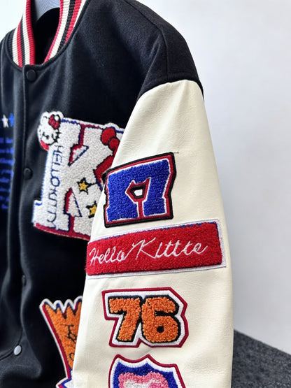 for sanrio Licensed Women'S Jacket Featuring Hello Kitty And Kuromi Patches - Lightweight Spring And Autumn Coat, Cute Anime Character Outerwear, Perfect For Parties And Everyday Wear - Iconic Brand Accessories (a Must-have For Sanrio Fans)