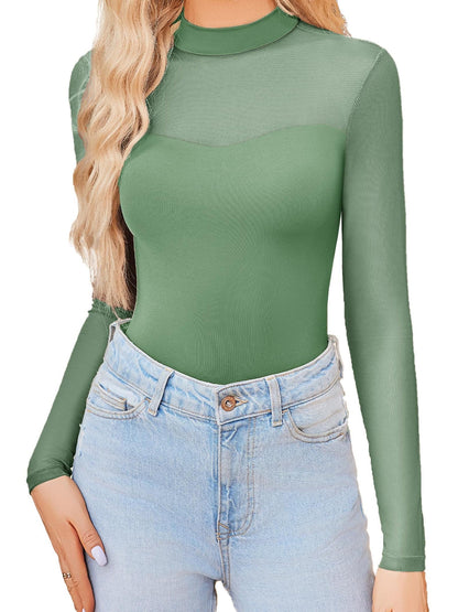 Sexy Mock Turtle Neck Sheer Mesh Long Sleeve Bodysuit Shirts Ruched Body Suit Leotard Tops