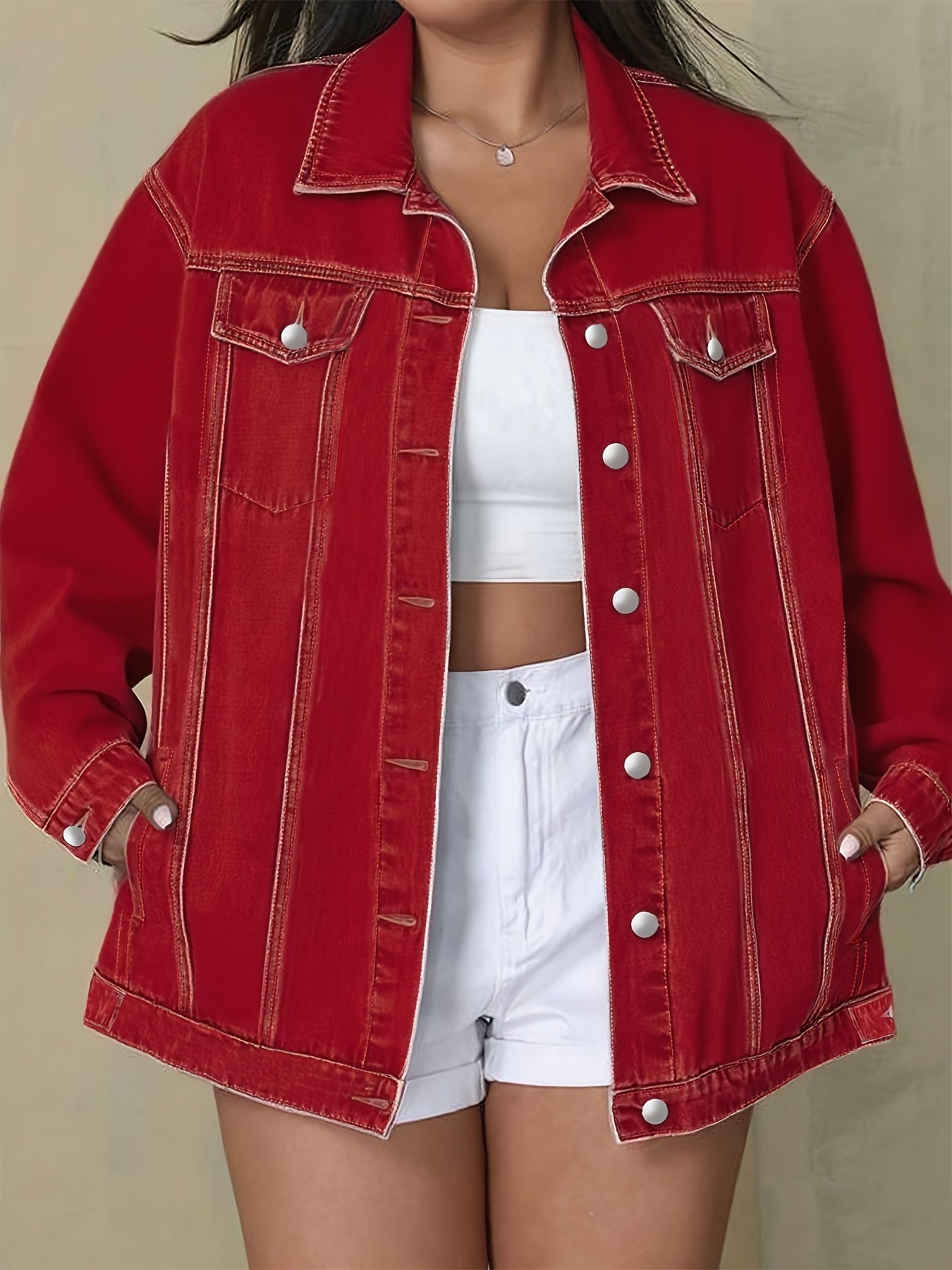 Plus Size Solid Color Collared Button-Front Denim Jacket - Women's Mature Stylish Street Casual Style Loose Fit Daily Comfortable Autumn Winter Plus Size Denim Top