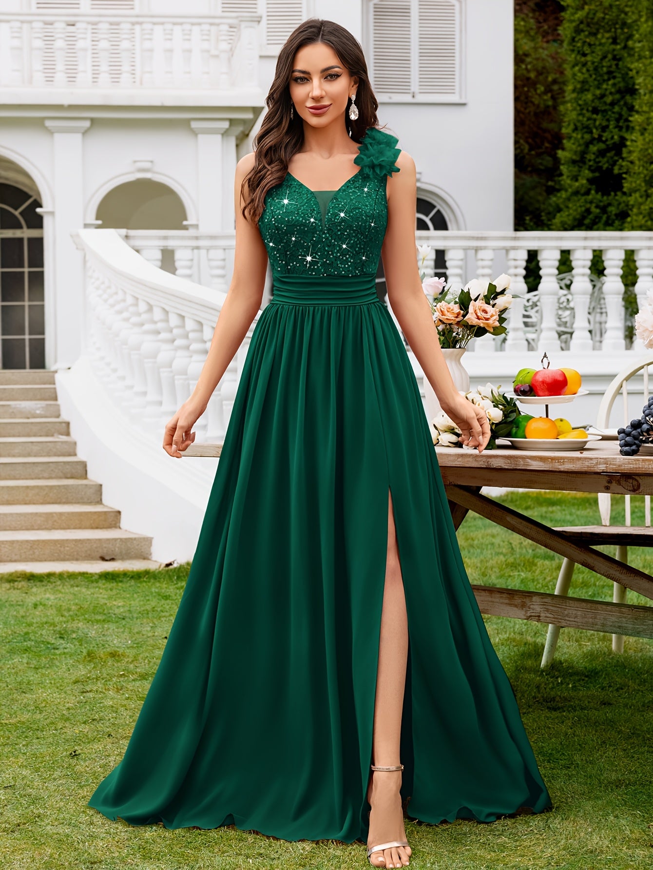 24451A Elegant Womens Mesh Deep V Neck Sequin Lace Maxi Dress, Sleeveless Applique Shoulder, Back V Neck, Ruched A Line Waist, High Thigh Slit Hem, Perfect For Formal Wedding Guest, Prom, Bridesmaid Party, Graduation Season, Wedding Season