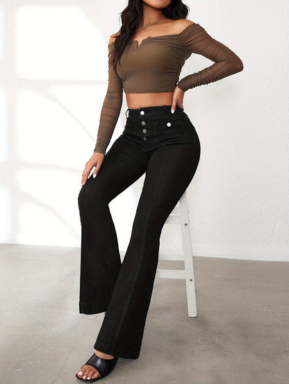 [Stretchy Denim Bell Bottom] High Waisted Wide Leg Stretchy Denim Pants - Women's Flare Bell Bottom Jeans