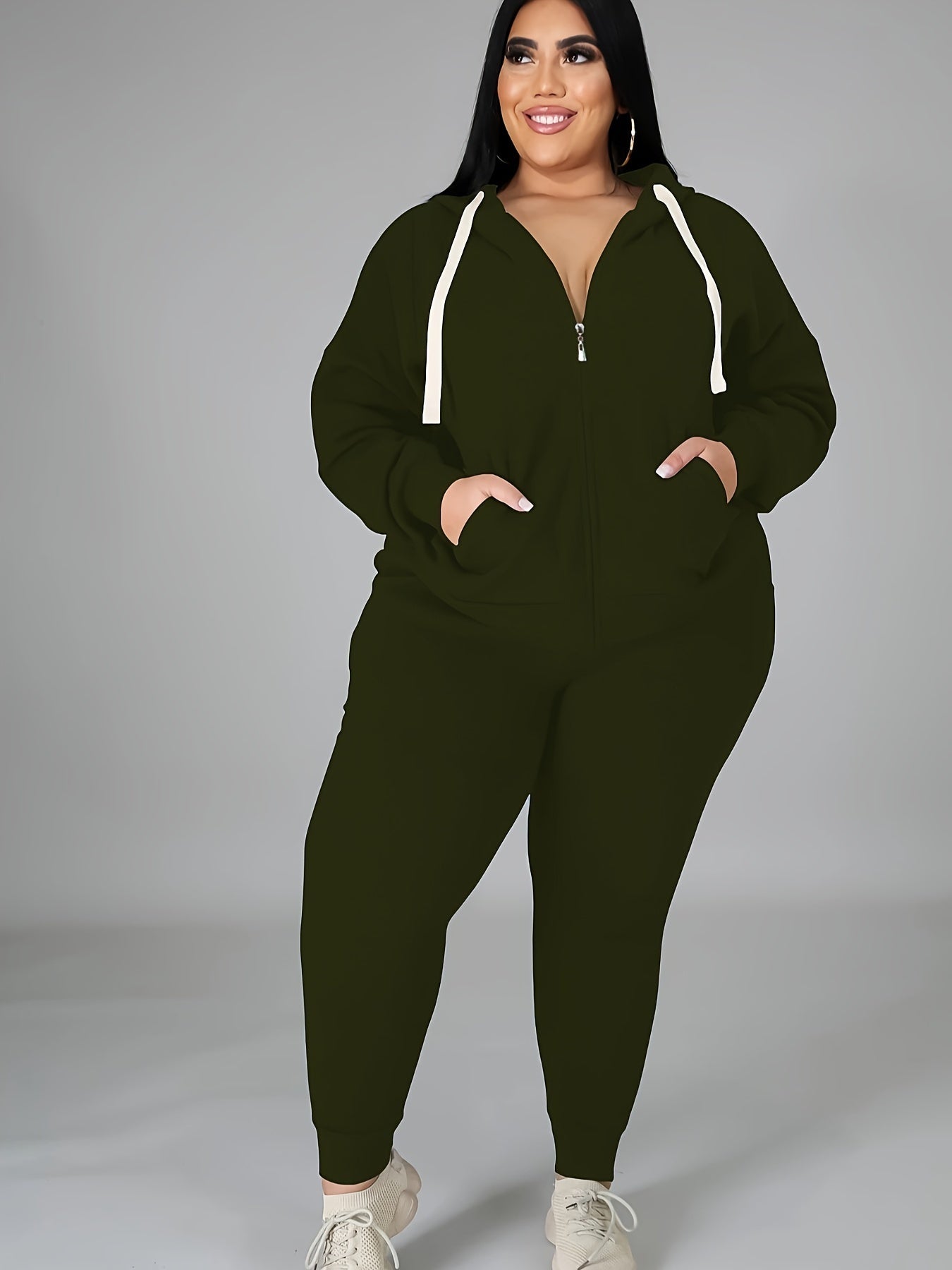 Women's Plus Size Tracksuit Set - Long Sleeve Hooded Loungewear and Sweatsuit Sets with Pockets, Polyester and Elastane