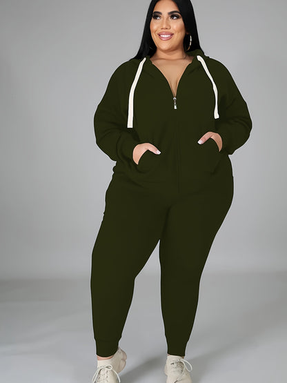 Women's Plus Size Tracksuit Set - Long Sleeve Hooded Loungewear and Sweatsuit Sets with Pockets, Polyester and Elastane
