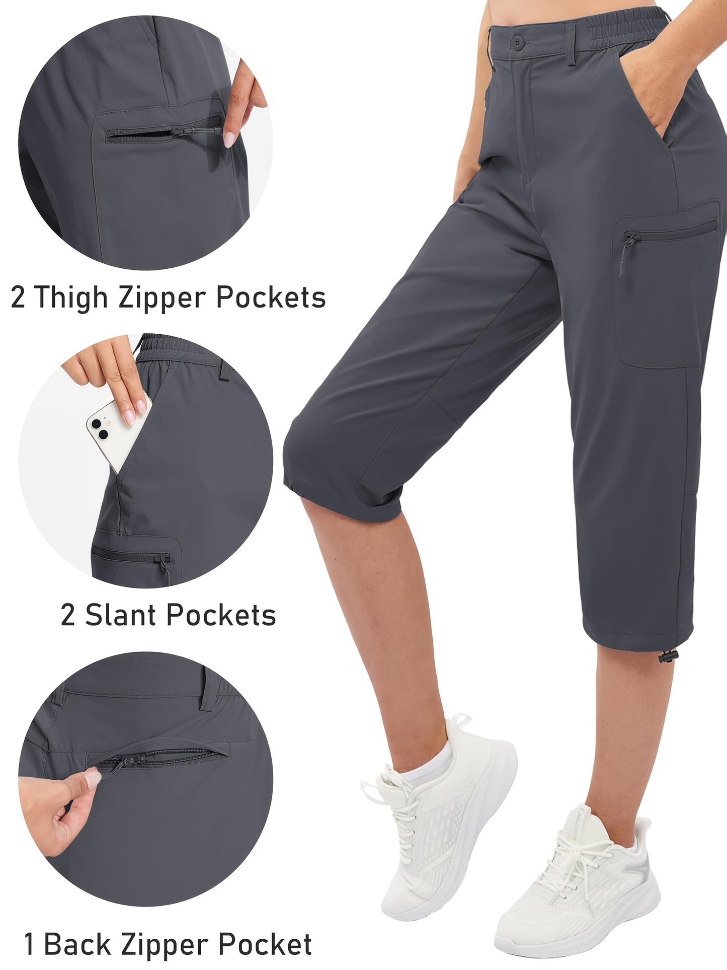 Women'S Summer Hiking Capri Pants - Lightweight, Quick Dry, Stretchy, Zipper Pockets, Adjustable Waist & Cuffs For Outdoor Travel, Hiking, Camping, Fishing, Casual Wear Long Shorts