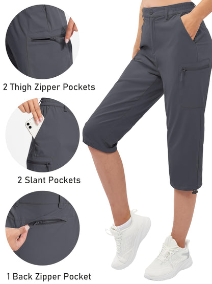 Women'S Summer Hiking Capri Pants - Lightweight, Quick Dry, Stretchy, Zipper Pockets, Adjustable Waist & Cuffs For Outdoor Travel, Hiking, Camping, Fishing, Casual Wear Long Shorts