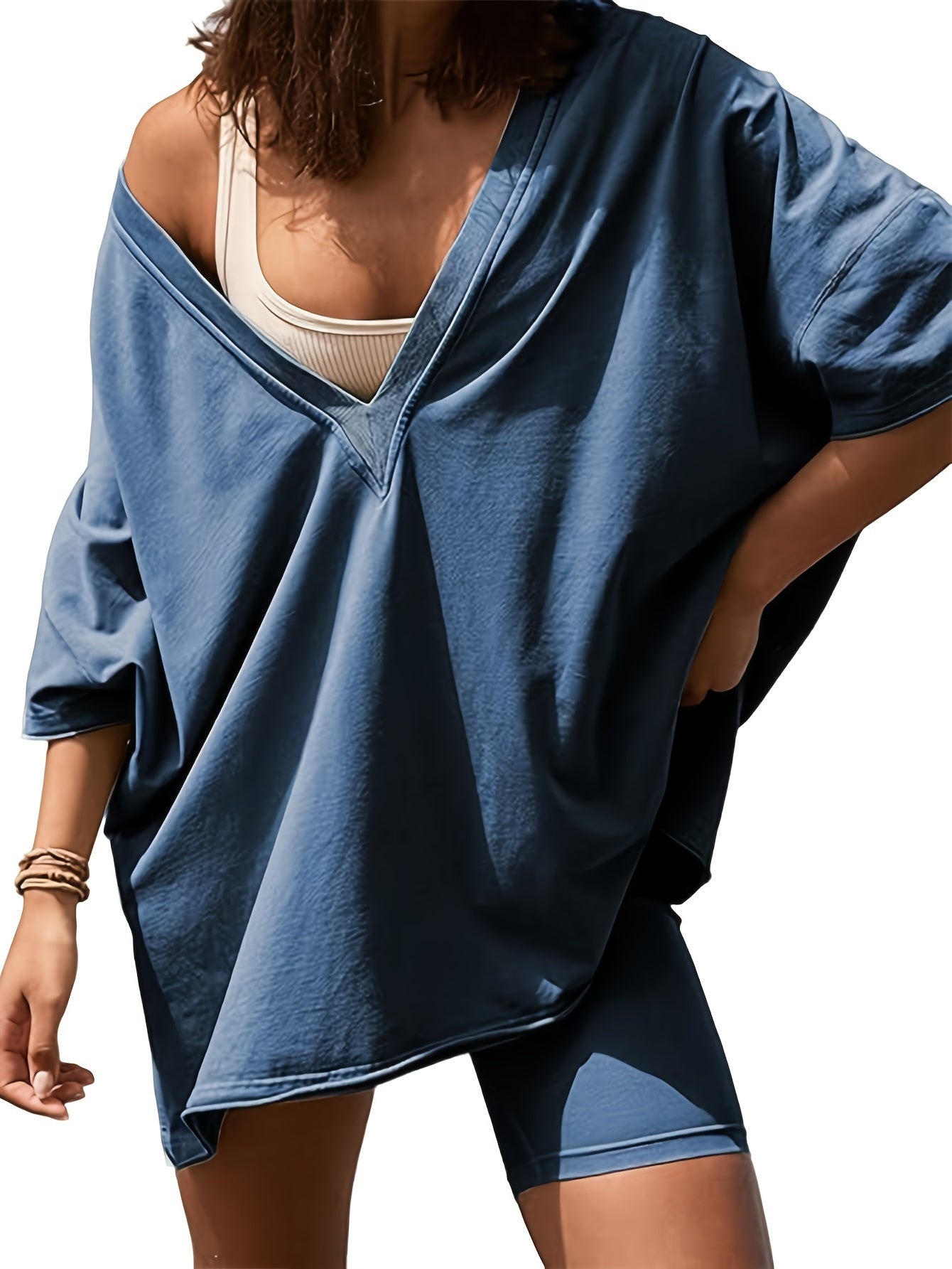 Women'S 2pcs Set Featuring Oversized Biker Shorts And a Reversible