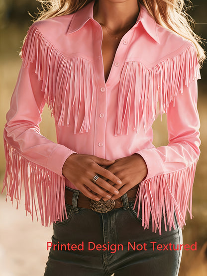 Women'S Vintage Minimalist Fringed Design Turn- Collar Buttoned Long-Sleeve Top Printed Design Not Textured