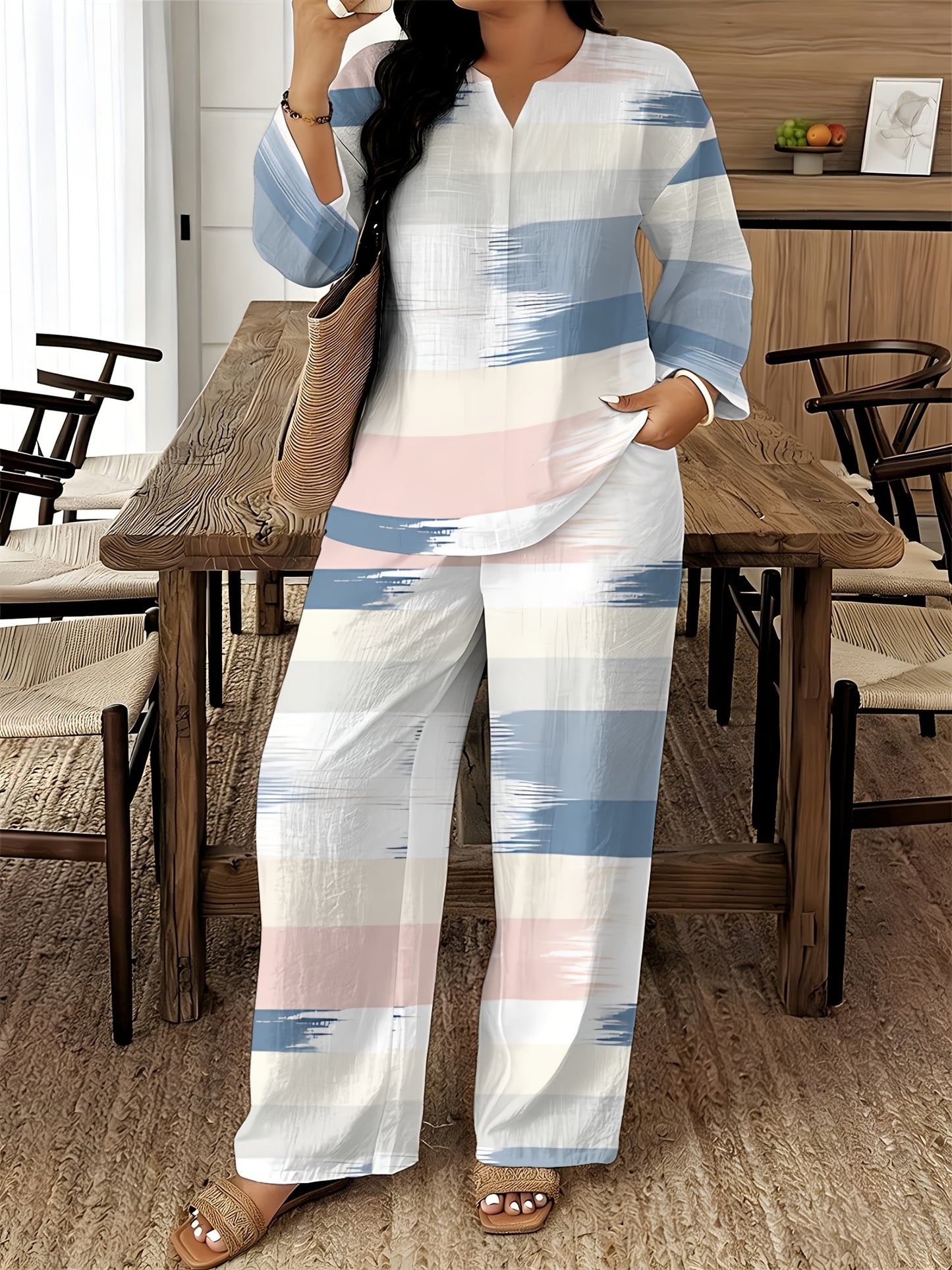 2026 New Women's Standard Size Long Sleeved Pants 2pcs Set, Set, Spring And Summer New V-Neck Long Sleeved Shirt Printed Elastic Waistband Pants 2pcs Set, Digital Printing Machine Washable Fabric, Elegant And Comfortable