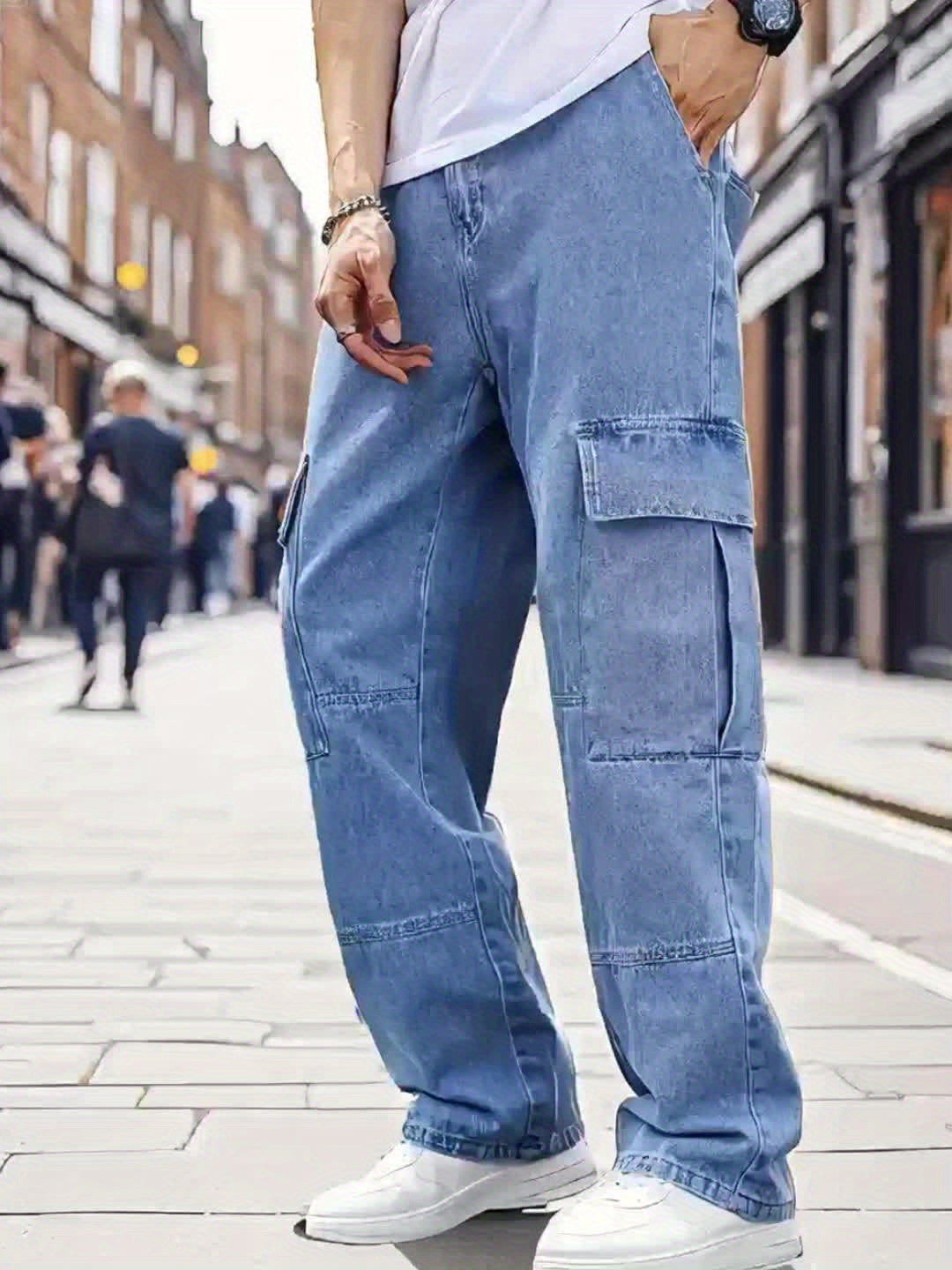 Men's Light Blue Denim Work Pants - Multi-Pocket Wide Leg Trousers Suitable for All- Outdoor Wear, Loose Fit High Street Style with Built-In Zipper Closure, Machine Washable Blended Denim for Casual & Work Pants