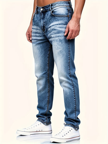 [HME] Men's Stretch Slim-fit Denim Trousers, Retro Washed Blue with Natural Whitening, Classic Five-pocket Style, Mid-waist Design with A Small Straight Leg, Simple And Versatile, Suitable for All Occasions, Essential Jeans for Daily Casual Wear