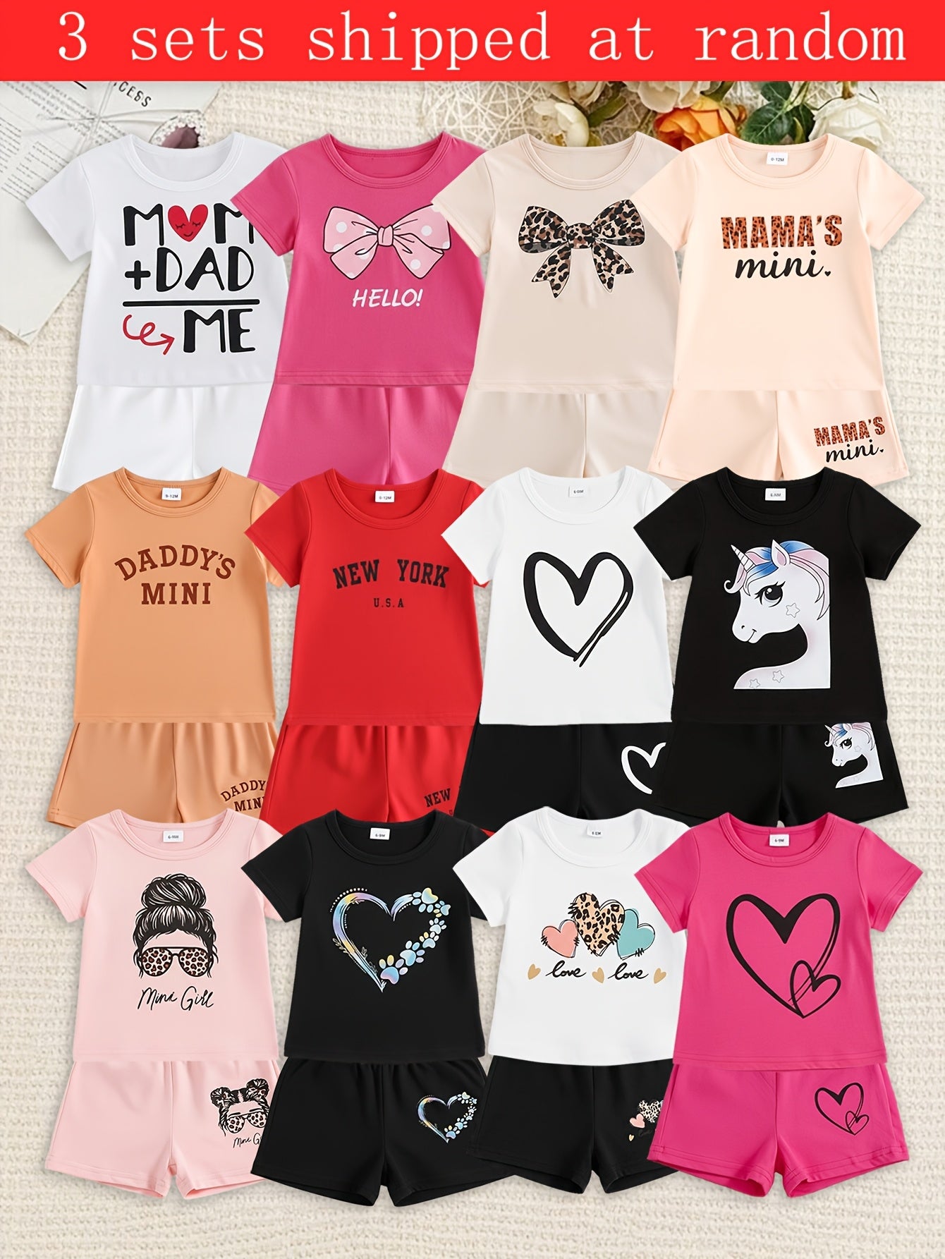 3 Set Shipped At Random, Baby Girl Clothes, Toddler Girl Summer Outfit Set, Soft Smooth High-Stretch Short Sleeve Cartoon Graphic Tee & Shorts, Cute Heart Unicorn Print Set Clothes for 6-36 Months, Perfect for Outdoor
