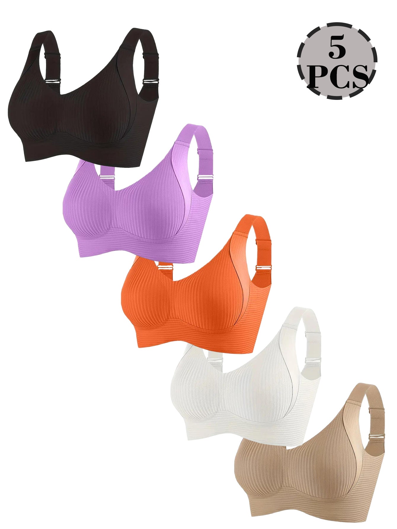 5pcs Ribbed Wireless Bra - High Elastic, Breathable & Strong Support | Comfortable No-Squeeze for Daily Wear, Yoga & Gym Workouts
