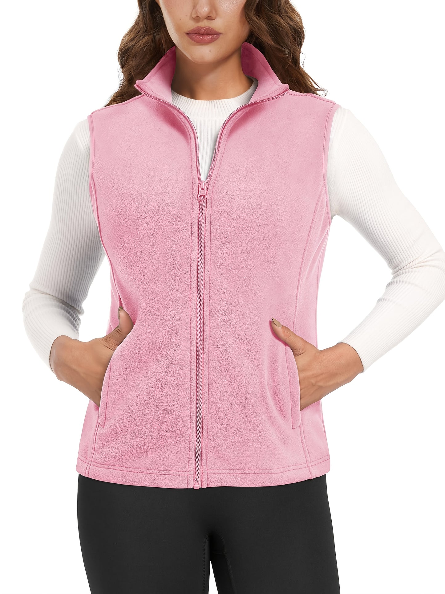 Women'S Fleece Zip Vest Lightweight Warm Sleeveless Jacket Stand Up Collar Windproof Soft Outerwear Vest with 4 Pockets Elastic Armholes for Camping Riding Office Outdoor Party Spring Fall Winter