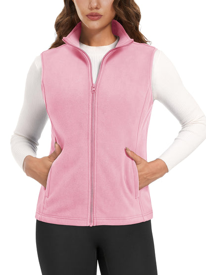 Women'S Fleece Zip Vest Lightweight Warm Sleeveless Jacket Stand Up Collar Windproof Soft Outerwear Vest with 4 Pockets Elastic Armholes for Camping Riding Office Outdoor Party Spring Fall Winter
