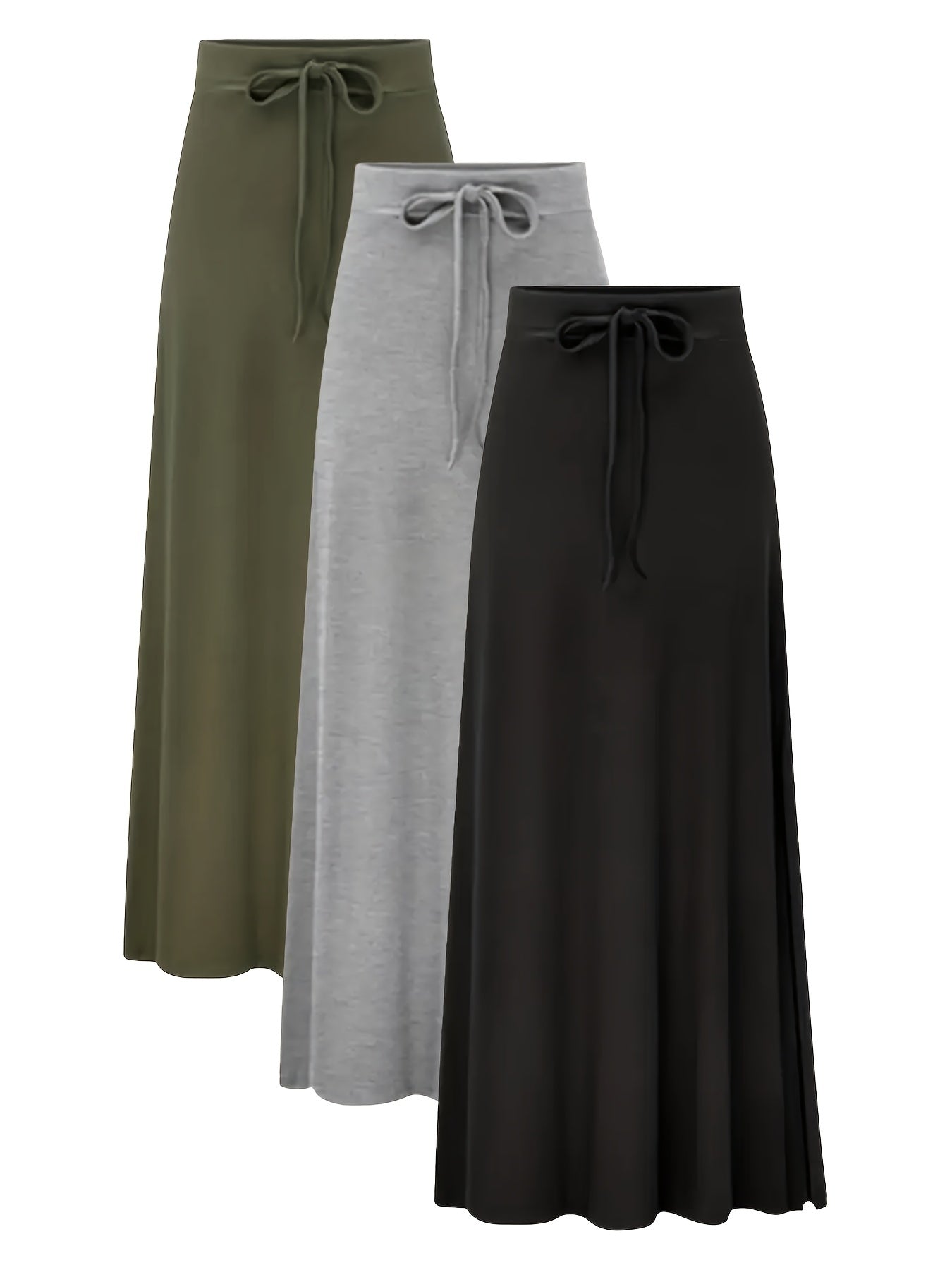 Plus Size - 3pcs Women'S Solid Color Elegant Long Skirt Fashionable High Waisted Elastic Slit A-line Skirt Large Casual, Daily Wear, Comfortable Clothing, Aline Silhouette, Elastic Fabric, Large Size Skirt, Women'S Skirt, Curvaceous Women