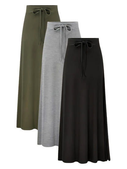 Plus Size - 3pcs Women'S Solid Color Elegant Long Skirt Fashionable High Waisted Elastic Slit A-line Skirt Large Casual, Daily Wear, Comfortable Clothing, Aline Silhouette, Elastic Fabric, Large Size Skirt, Women'S Skirt, Curvaceous Women