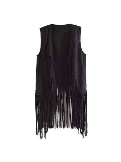 Women' Faux Suede Fringe Vest with Tassels - Western Cowgirl Jacket, Soft Flip-Collar Sleeveless Waistcoat Coat for All-Season Wear, Casual Outfits & Themed Events (Medieval Renaissance Fair) - Solid Color Plain Matching Outerwear