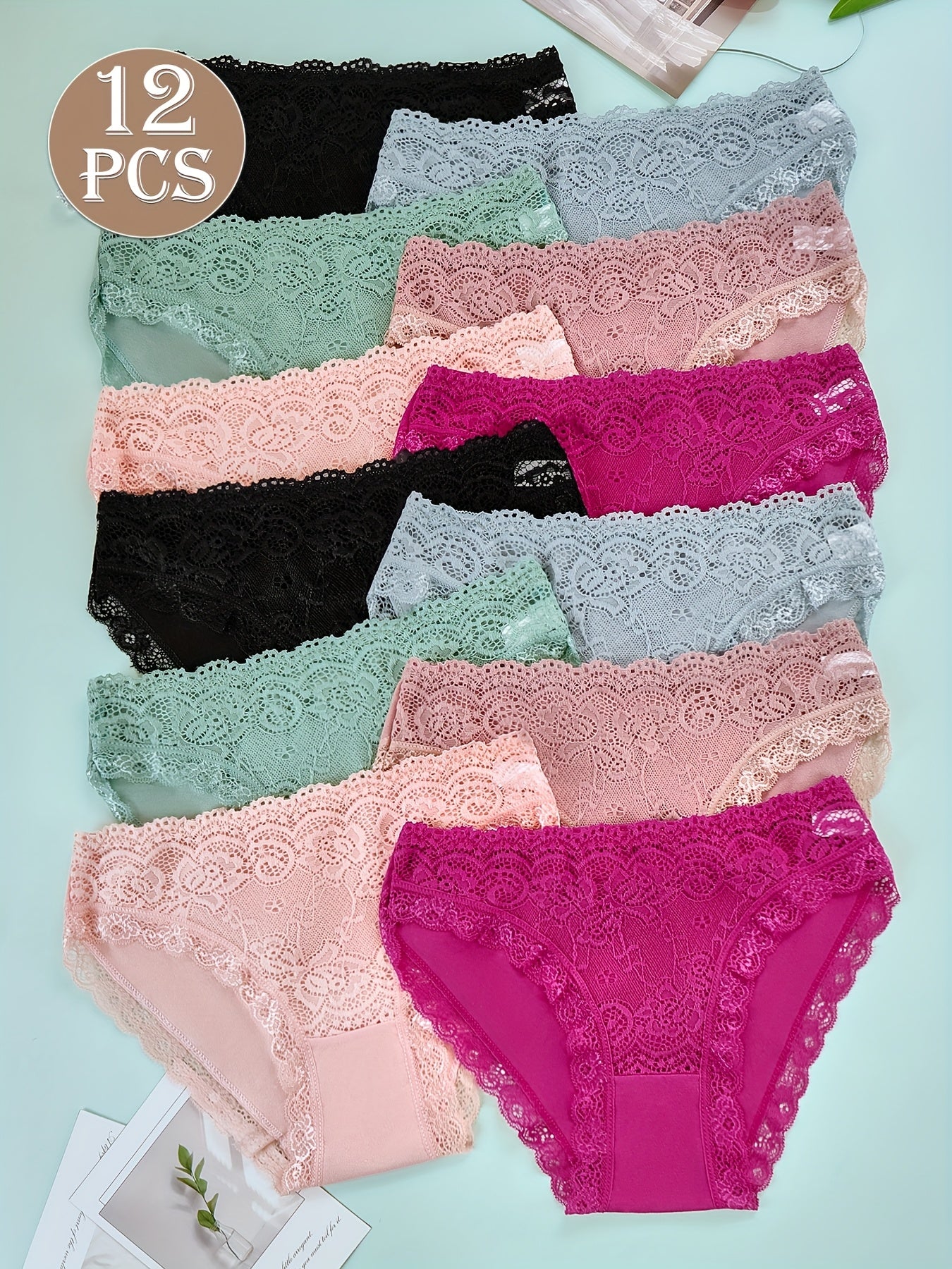 12pcs Multi-Color Women's Lace Trim Low-Rise Briefs, Elegant and Fashionable - Soft, Breathable, and Skin-Friendly, Simple and Stylish, Comfortable Underwear for Daily Wear