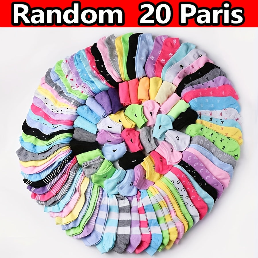 20 Pairs Of Cute Boat Socks with Mixed Color Heart/stripe Patterns, Ribbed Low Cut Design, Suitable for Daily Wear In Various Places, Holiday Gifts, Giving to Lovers And Friends, Soft And Breathable Candy Socks