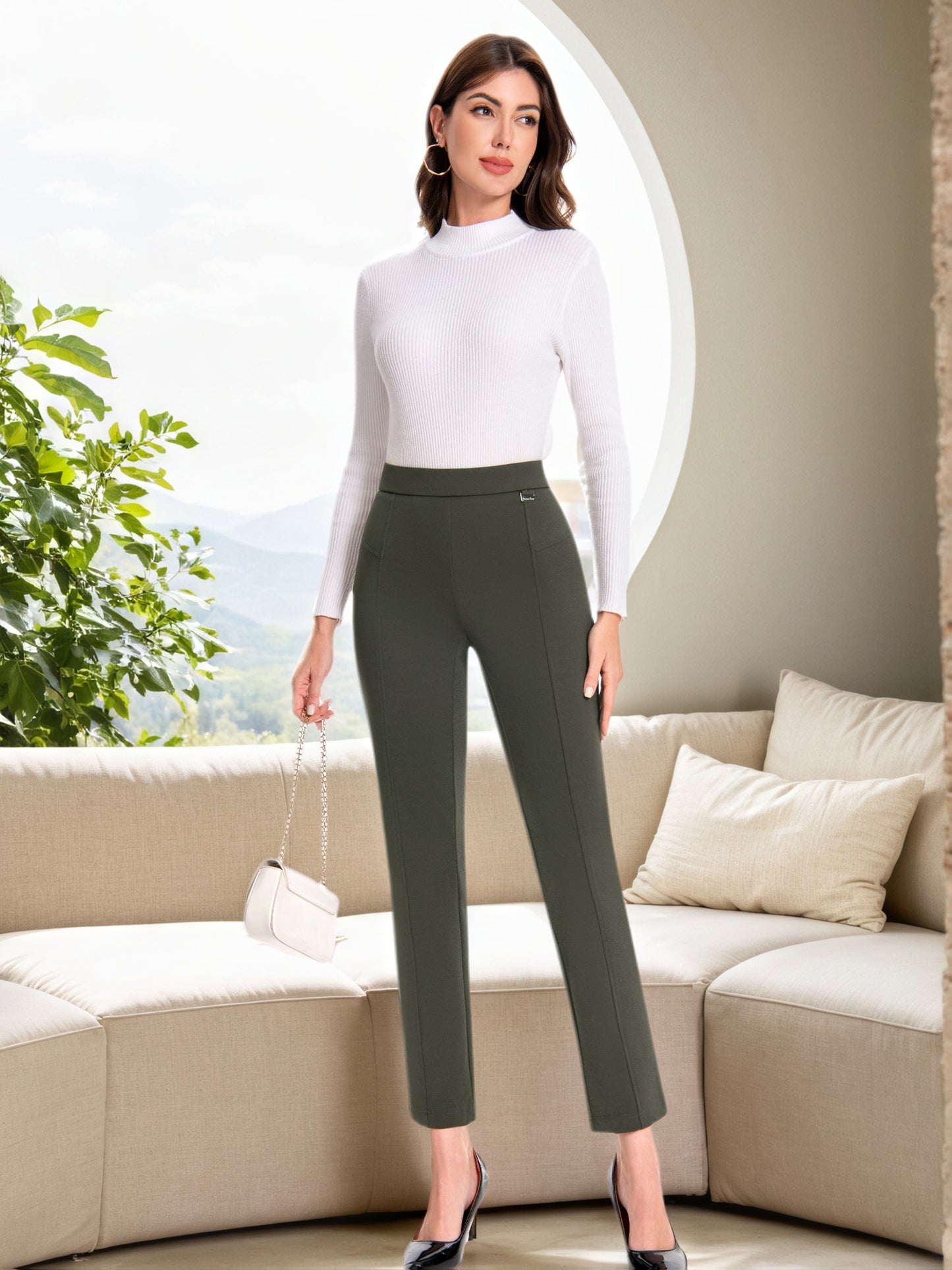 Women's High-Waist Skinny Pants - Stretch Pull-On Work Trousers with Elastic Waistband, Slim Straight Leg Dress Pants for Office, Business Casual & Year-Round Wear, Solid Color (Machine Washable) - Not Included