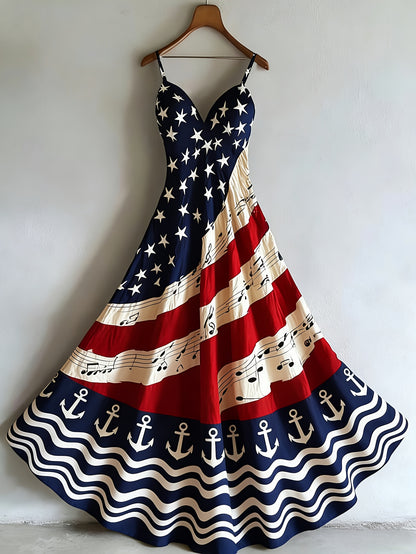 Women's Patriotic Maxi Dress - A-Line Silhouette, Suitable for Vacation, Leisure & Beach Outings, Loose Fit, National Flag Pattern, Sleeveless, V-Neck, Red National Flag Design with Built-In Cups