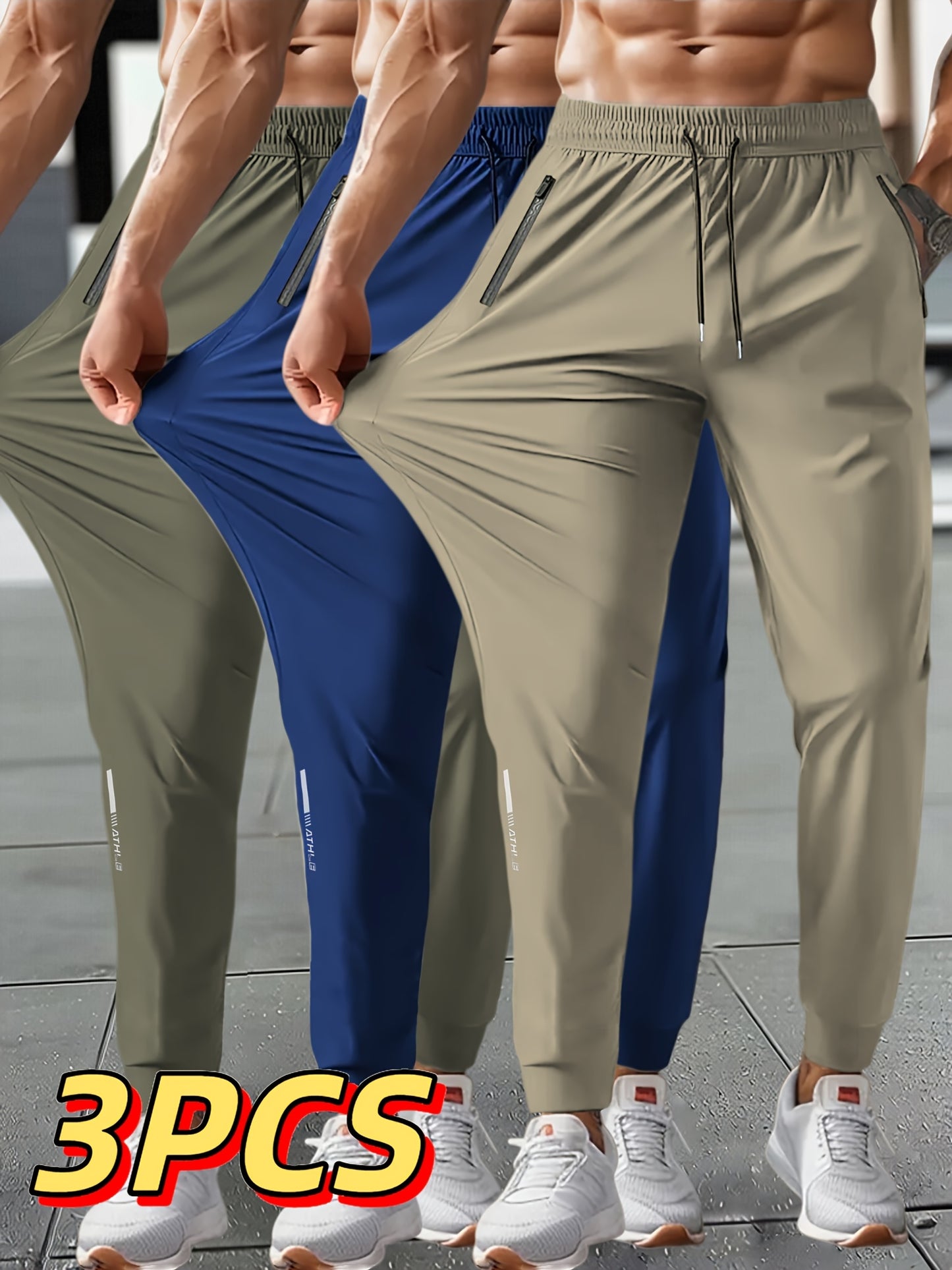 3pcs Men's Summer Solid Color Tapered Sports Pants, High Stretch Fiber, with Ribbed CuffDesign, Nylon 80%Spandex 20%, Reflective Stripe Design At The Hem Of Pants, Regular Fit with ZipperPockets, Breathable ComfortableRunningTraining LongTrousers