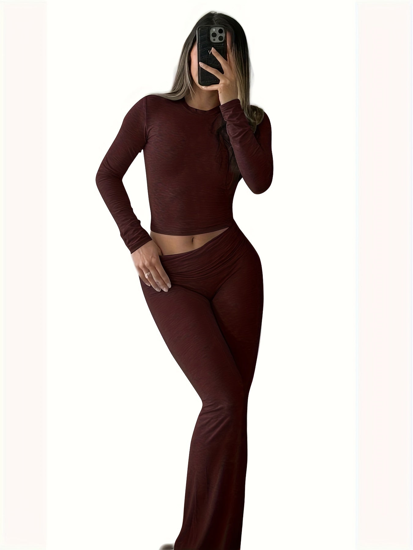 Casual Two Piece Outfits Long Sleeve High Waist Fold-Over Flare Flared Leggings Pants Sets Streetwear