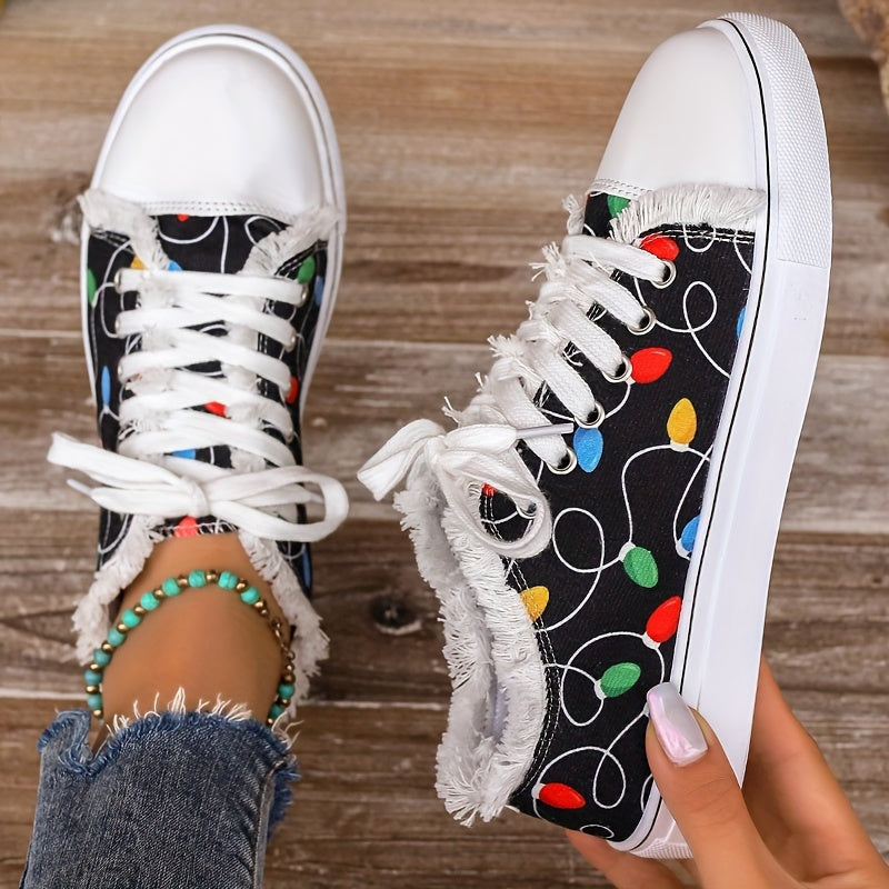 Women's Colorful Print Lace-up Low-top Flats, Lightweight Comfortable Casual Sneakers, Women Shoes