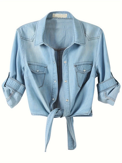 [Denim Crop Top] Chambray Denim Women's Crop Top | Roll Up 3/4 Sleeve Tie Front Knot Shirt