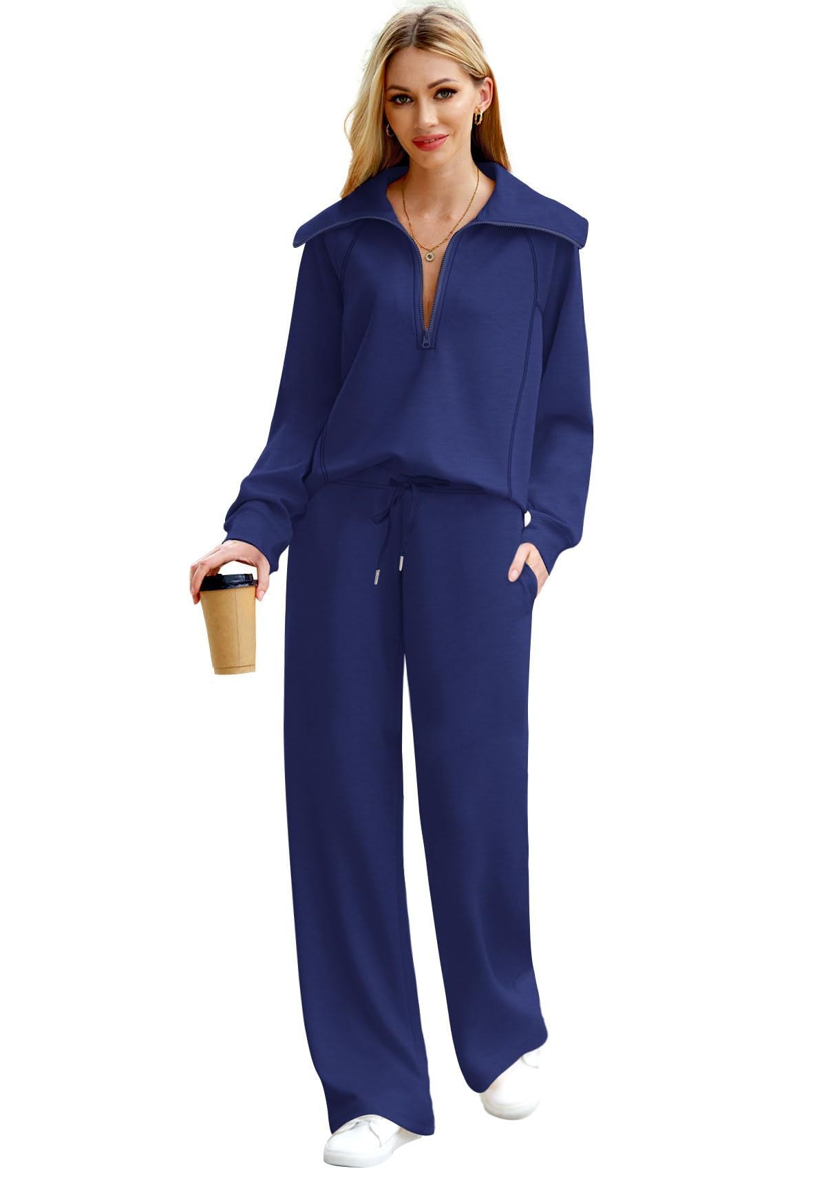 Spring/Autumn Casual Swear Set for Women, Zipper Long-Sleeve Sweatshirt and Wide-Leg Pants 2pcs Set