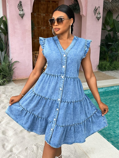 Plus Size Women's Cap Sleeve V Neck Button Front Dress Ruffle Hem Denim Dresses