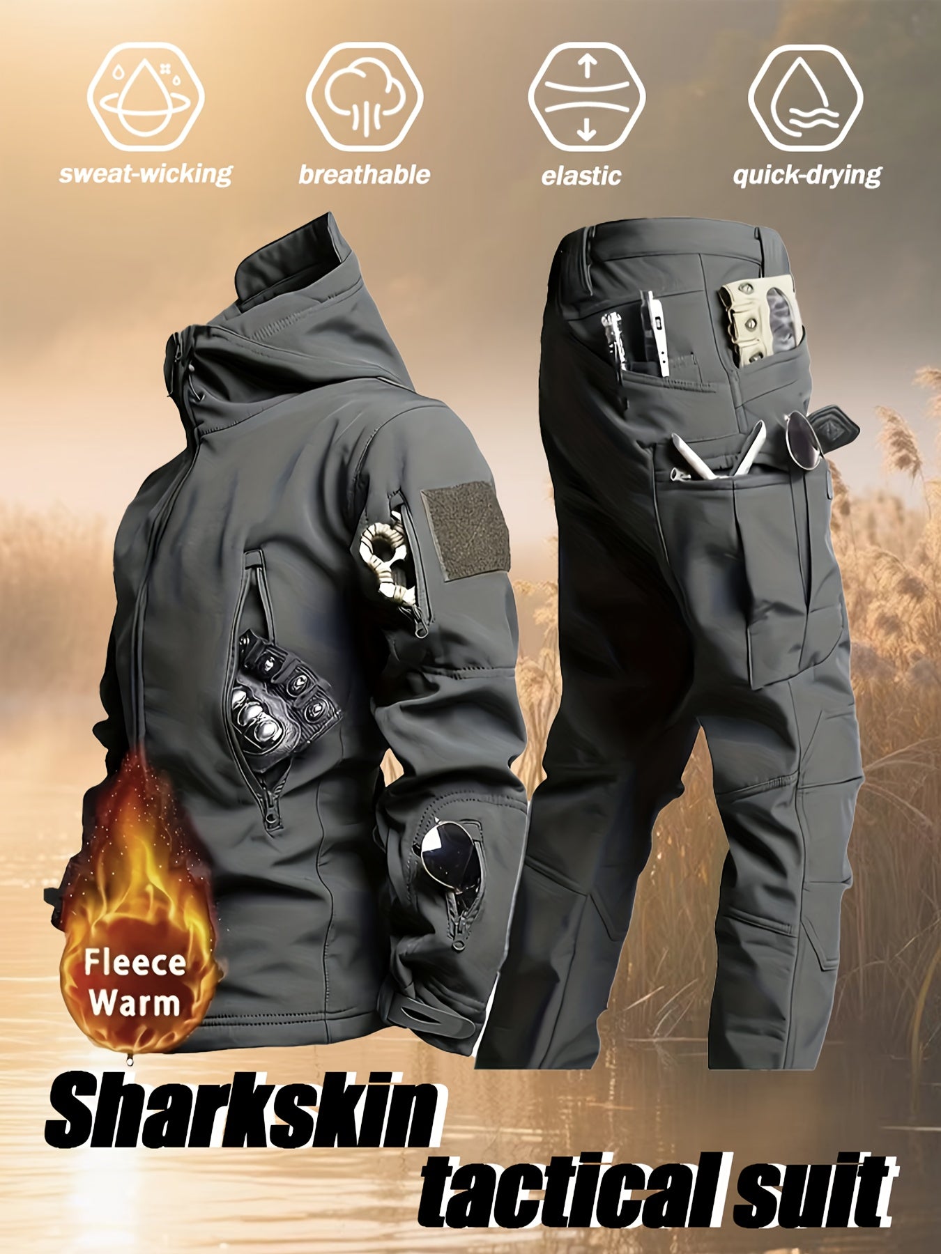 Men'S New Thickened Two-Piece Windproof Jacket And Hoodie Designed for Autumn And Winter, Featuring Multiple Pockets, Elastic Materials, And Warmth, Ideal for Hiking, Skiing, Fishing, And Outdoor Sports. Tactical Style with Breathable Fabrics
