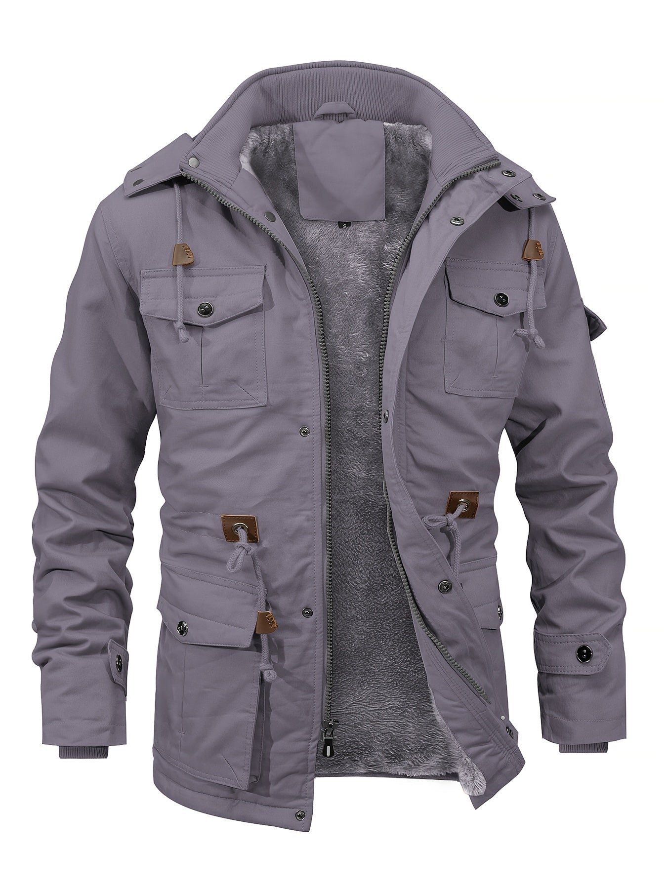 Men'S Jackets Fleece Lined Work Coats Warm Cargo Jackets with Hood