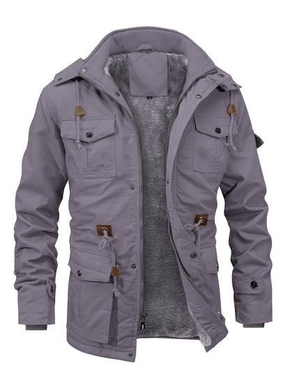 Men'S Jackets Fleece Lined Work Coats Warm Cargo Jackets with Hood