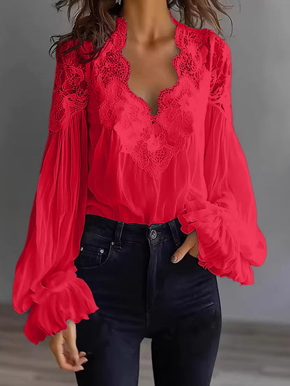 Plus Size, Spring and Summer Women's Bubble Sleeve Lace Splicing Shirt, Comfortable Fabric, Machine Washable