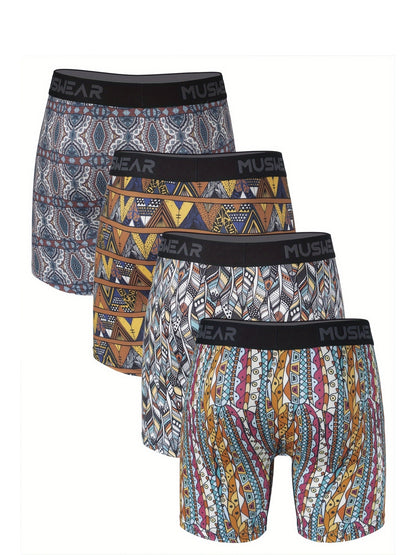 MUSWEAR Men's Quick-Dry Boxer Briefs - Moisture-Wicking Breathable Athletic Underwear with Side Openings, Tribal Geometric Print, Mid-Stretch Fabric for Gym, Casual & Daily Wear, Boxer Shorts, Workout Gear, Sporty Design, Lightweight Construction, Perform
