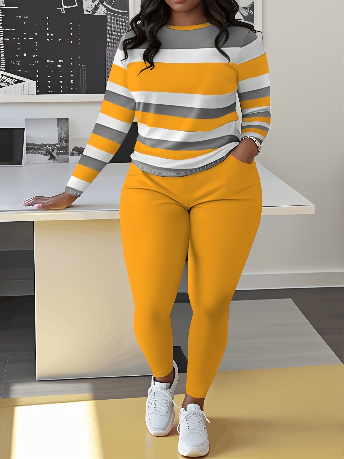 Plus Size Color Block Two-piece Set, Casual Crew Neck Long Sleeve Top & Pants Outfits, Women's Plus Size Clothing