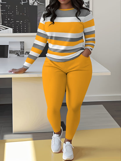 Plus Size Color Block Two-piece Set, Casual Crew Neck Long Sleeve Top & Pants Outfits, Women's Plus Size Clothing
