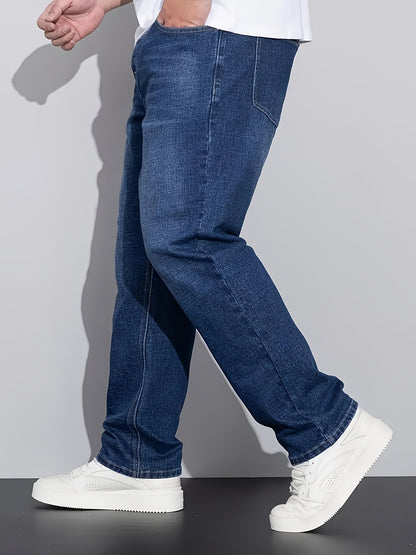 [HME] Men'S Easy And Casual Denim Trousers, Classic Five-Pocket Style, Retro Washed Craftsmanship, Mid-Waist Elastic Straight-Leg Pants, Built-In YKK Zipper Closure, Essential Men'S Plus-Size Jeans for Fashionable And Casual Outfits, Plus Size