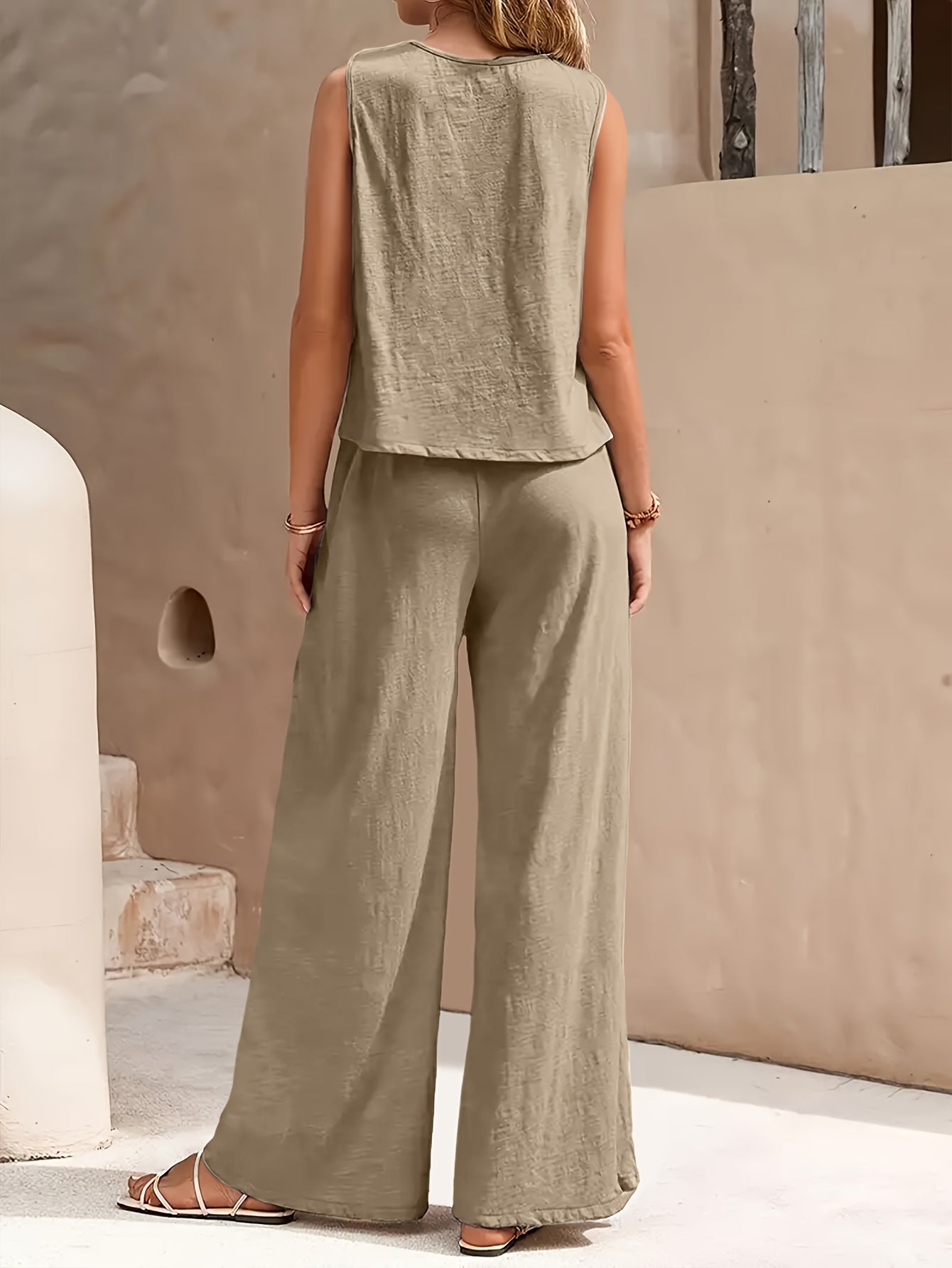 Women 2pcs Lounge Set, Crew Neck Sleeveless Tank Top Wide Leg Pants, Summer Casual Outfit for Daily, Travel Or Party