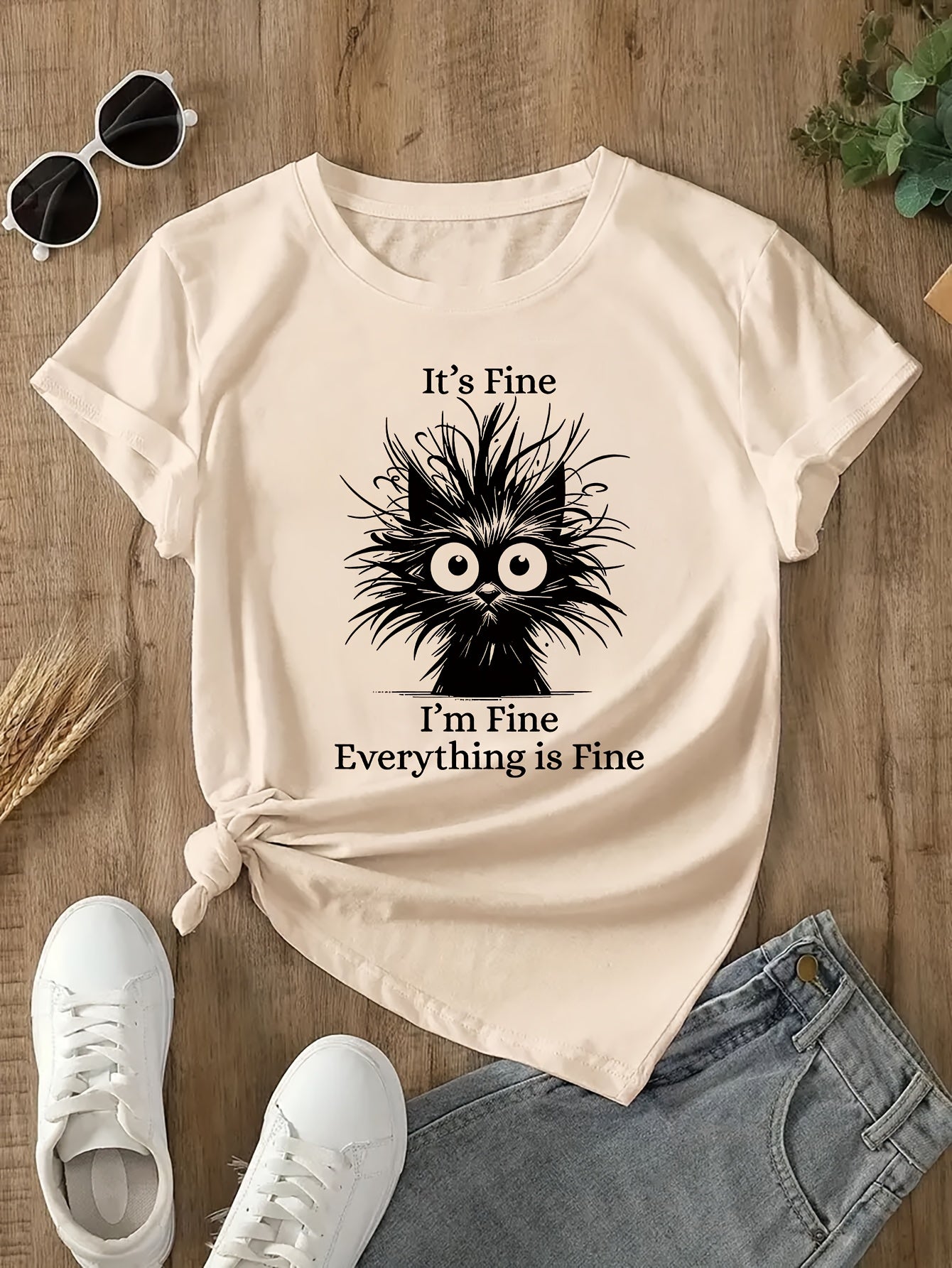 Whimsical "It's Okay, I'm Fine, Everything's Fine" Women's Cat Print T-shirt - Light Blue, Casual Version, Round Neck, Short Sleeve, Polyester, Machine Washable